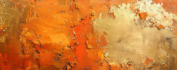 An abstract wall painting with textured layers of orange and gold, adding warmth and richness to the texture.