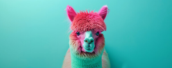 An adorable alpaca with wool in neon shades of pink, green, and blue, posing against a solid turquoise backdrop. The bright wool colors pop against the vibrant backdrop, making the alpaca stand out.