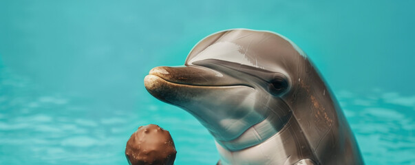 An adorable dolphin holding a chocolate truffle with its fin, set against a turquoise backdrop. The dolphin's skin is smooth, and the truffle looks luxurious.
