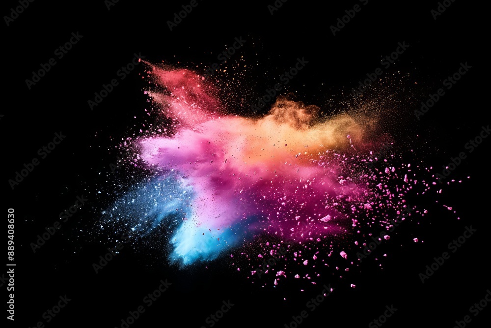 Poster an abstract colored dust explosion on a black background. a powdered background with a freeze motion