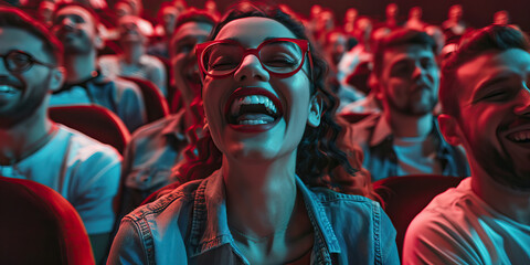 People having fun time at a movie theater laughing