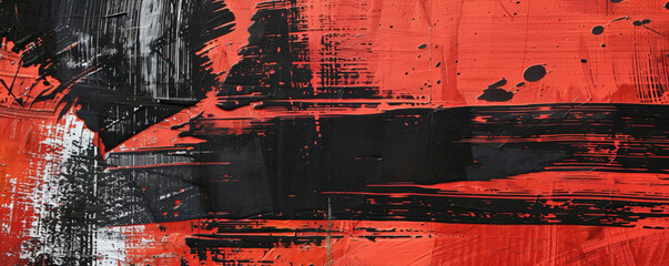 An artistic texture on a wall featuring abstract brushstrokes in red and black, creating a bold and striking visual effect.