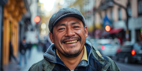 Fototapeta premium Portrait of a hispanic man smiling on a city street