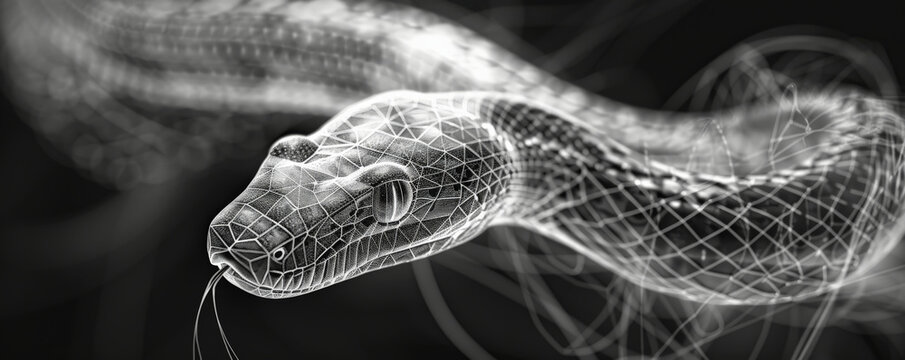 An artistic wireframe of a slithering snake, composed of polygon technology and detailed with lines and points to capture its sinuous movement.