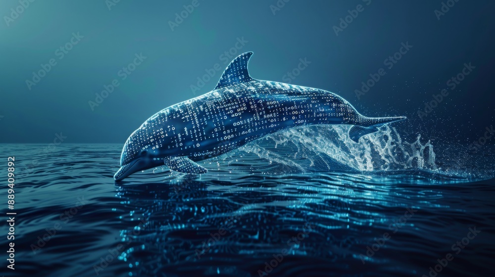 Poster A digital dolphin, made of code and data, leaps out of the ocean, creating a spray of water.