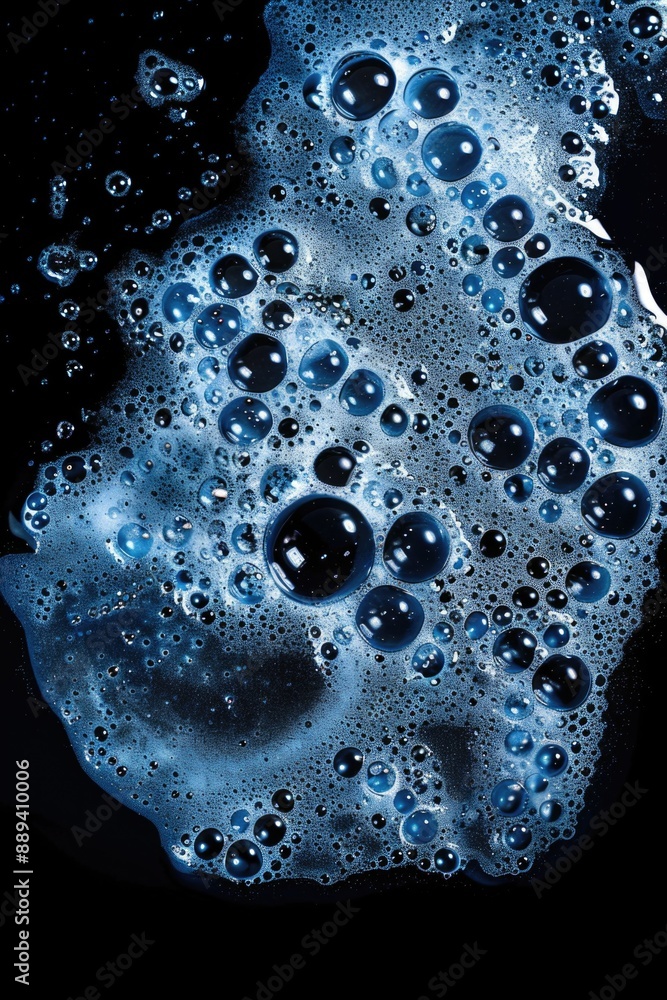 Poster a close up shot of bubbles forming and popping in water on a black background, useful for science or