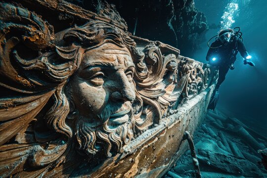 Discovery of a ship figurehead carved in exquisite detail, preserved on the ocean floor as a testament to maritime craftsmanship. The diver exploration light enhances the figurehead intricate