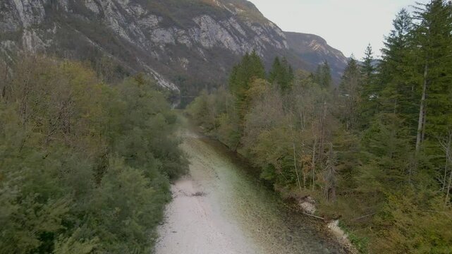 Aerial view of tranquil river, mountain, and forest in Ukanc, Bohinj, Slovenia.