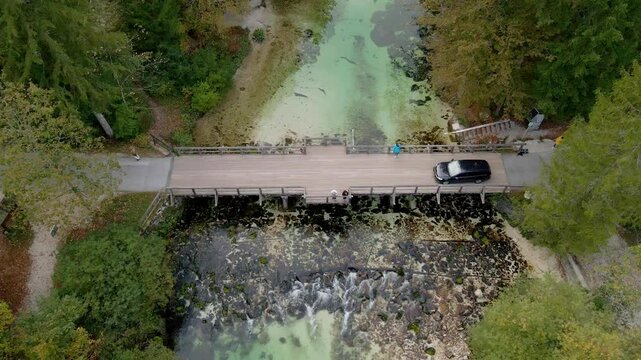 Aerial view of vibrant forest, serene river, and wooden bridge crossing, Ukanc, Bohinj, Slovenia.