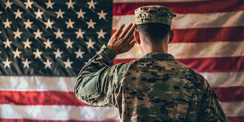 Solider saluting American flag. 