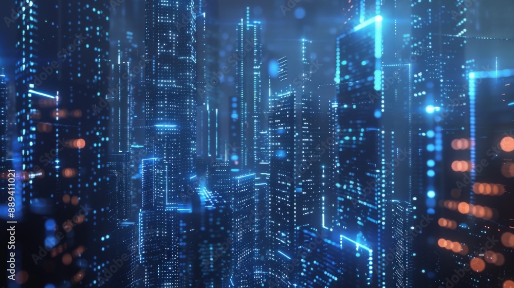 Poster A futuristic cityscape with tall skyscrapers illuminated by blue lights. The buildings are rendered in a digital style, with a glowing effect that gives the city a sense of energy and dynamism.