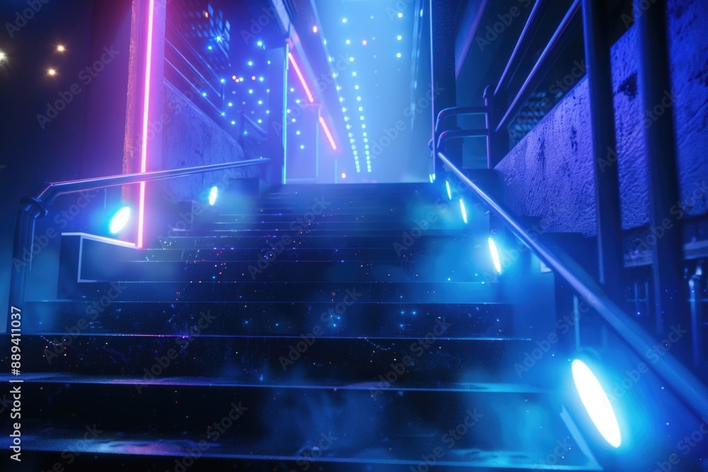 Poster a set of stairs with bright neon lights in the background, suitable for use in futuristic or urban-t