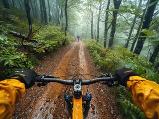 Adventurous Mountain Biker Exploring Lush South Korean Forest Trail with Speed and Precision