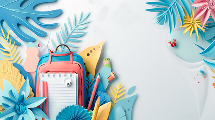 3D illustration of backpack school bag and stationery with the concept of back to school.