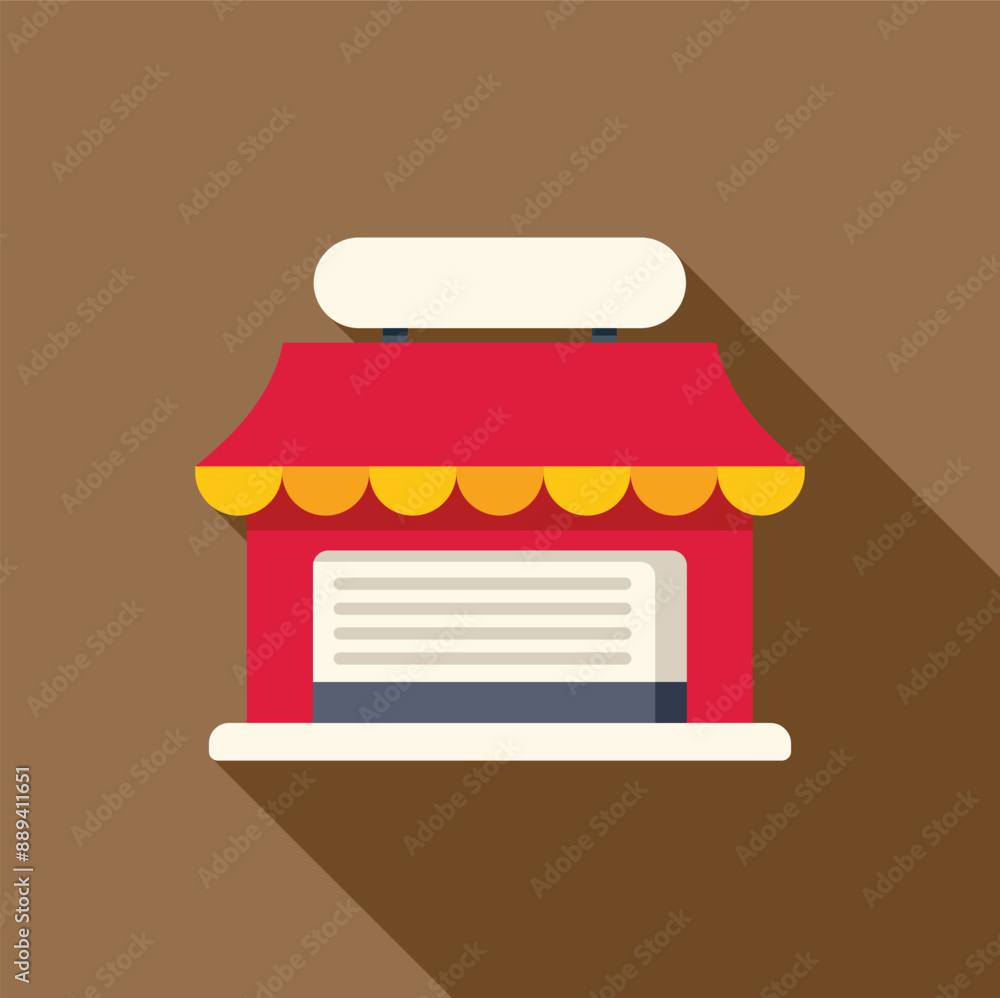 Poster illustration of a red shop building with closed shutters having blank signboard on top for customiza