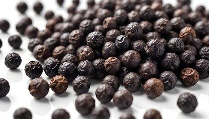 Obraz premium Whole black peppercorns on a bright, reflective white background