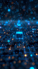 Blue digital background with glowing blue pixel blocks on a dark starry night sky. Background in the style of abstract technology, artificial intelligence and big data concept