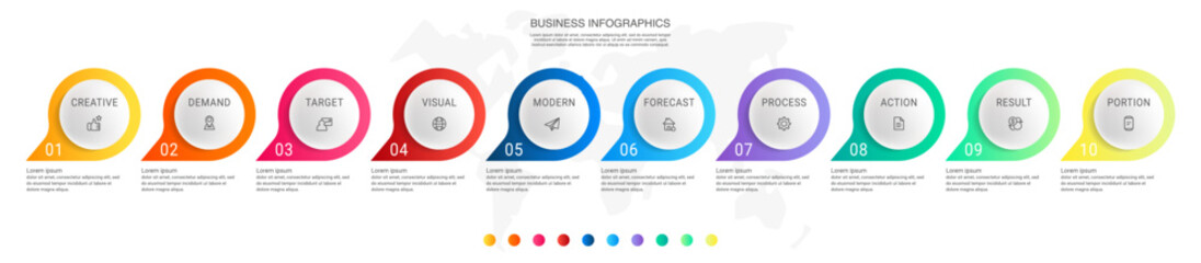 Fototapeta premium Vector business infographics template. Timeline with ten circle, icon, arrow, steps, 10 number options. Can be used for workflow layout, diagram, chart, banner, web design. Modern illustration