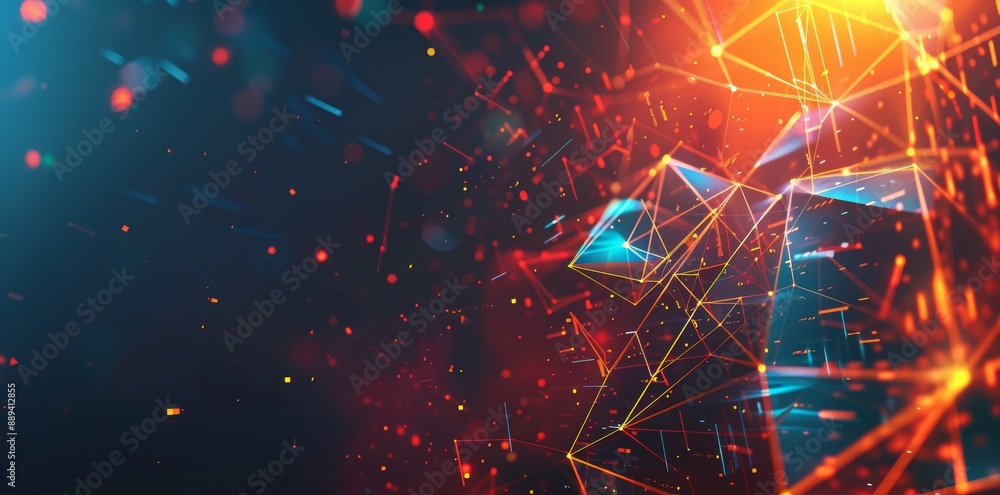 Poster in 8k, blue orange gradient digital polygons are created using generative ai technology in a network