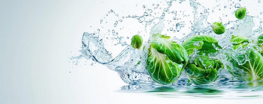 a high speed photo of  Brussels sprout falling down into a water dowl on white background