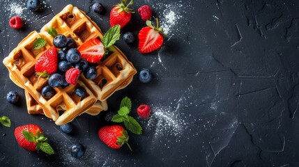 Belgian waffles with fresh strawberry and blueberry on black background. Flat lay, top view, copy space