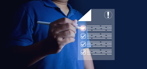 Business checking the steps through a virtual online document with a list of checkboxes concepts of practices and policies, company articles of association Terms and Conditions, check list.