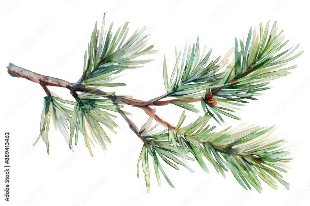 Poster a beautiful watercolor painting of a pine tree branch with delicate needles and intricate details