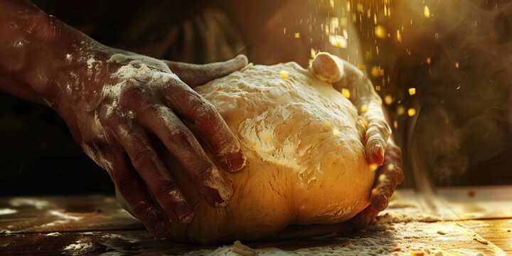 A bakers hands kneading dough preparing it for baking bread.