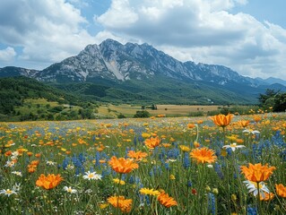 Fototapeta premium Serene South Korean Meadow with Wildflowers and Majestic Mountain Range in the Background