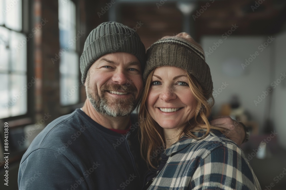 Wall mural portrait of a happy caucasian couple in their 40s sporting a trendy beanie isolated in empty modern 