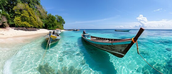 Tranquil Tropical Paradise Boats Anchored on Serene Summer Beach with Turquoise Water and Sunny Sky