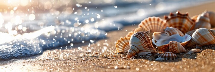 Obraz premium Tranquil Seashore Serenity Seashells on Sandy Beach under Clear Blue Skies - Ideal Summer Nature Backgrounds