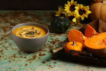 traditional pumpkin soup in a bowl on the table