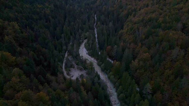 Aerial view of Triglav mountain and forest in autumn, Triglavska Bistrica river, Mojstrana, Slovenia.