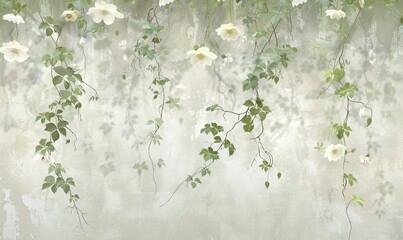 Decorative wallpaper with flowers and leaves. Perfect for loft or modern settings.
