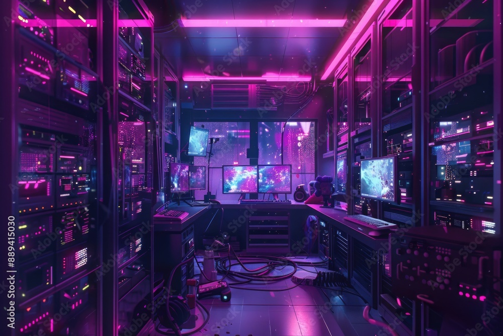 Aufkleber A room filled with computer equipment, suitable for use as a background in a technology-related context