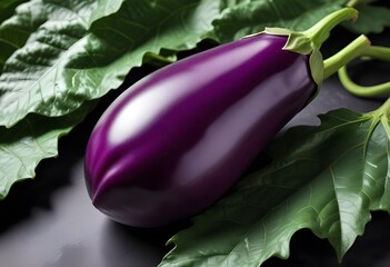 Naklejka premium plain blank A vibrant, purple eggplant with a glossy sheen, resting on a bed of fresh, green leaves white mockup object, splitlight effect mockup