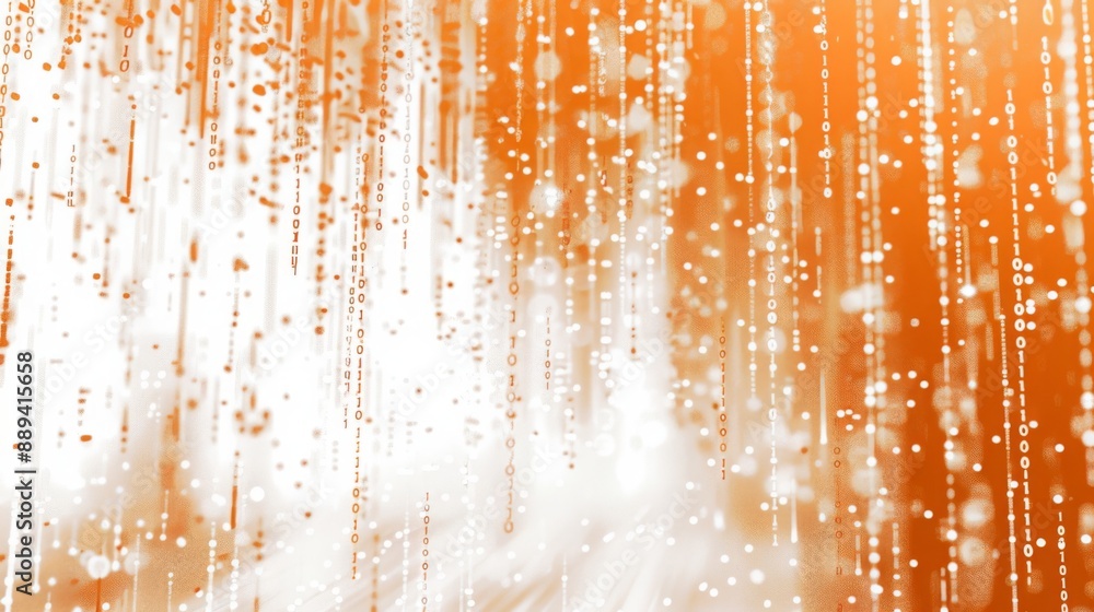 Poster A digital rain of binary code falls from the top of the frame, with the background blurred and in orange.