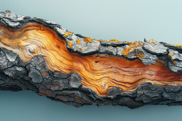 Black bark with edges blending into luminous yellow and red hues, on a light blue backdrop,