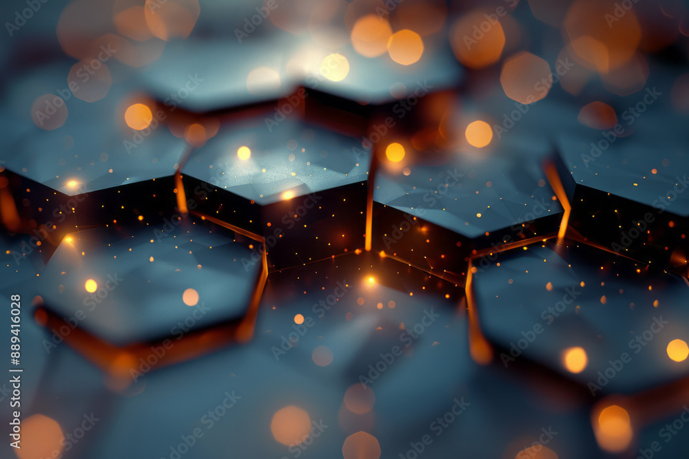 Poster a futuristic pattern of illuminated hexagons with delicate bokeh effects, set against a dark gray ba