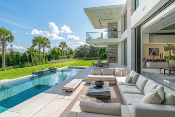 Fototapeta premium Beautiful outdoor living area with pool, wall art, marble countertop bar, couches, and fireplace, in front of Palm Beach FL mansion with large grassy field, under blue sky.