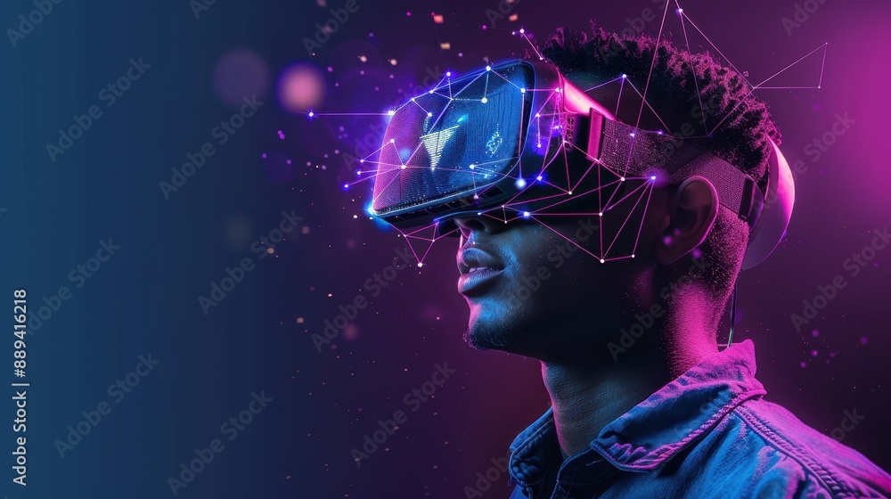 Wall mural A man wearing a virtual reality headset. The image is in a neon color scheme. The man is looking at the camera