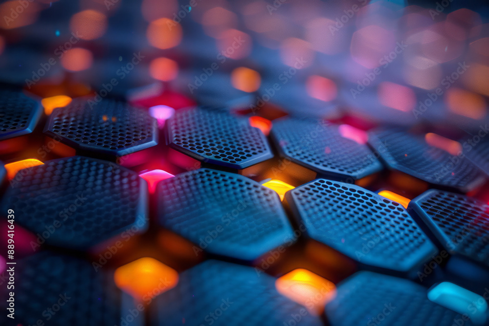 Poster an abstract pattern of illuminated hexagons with colorful bokeh effects, set against a dark blue bac