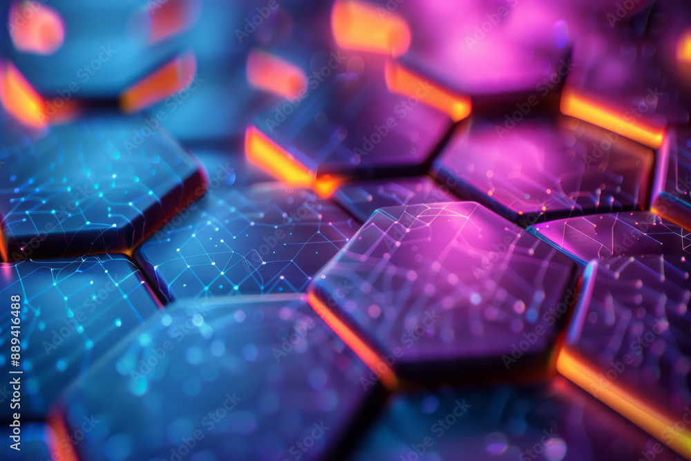 Poster an abstract pattern of illuminated hexagons with colorful bokeh effects, set against a dark blue bac