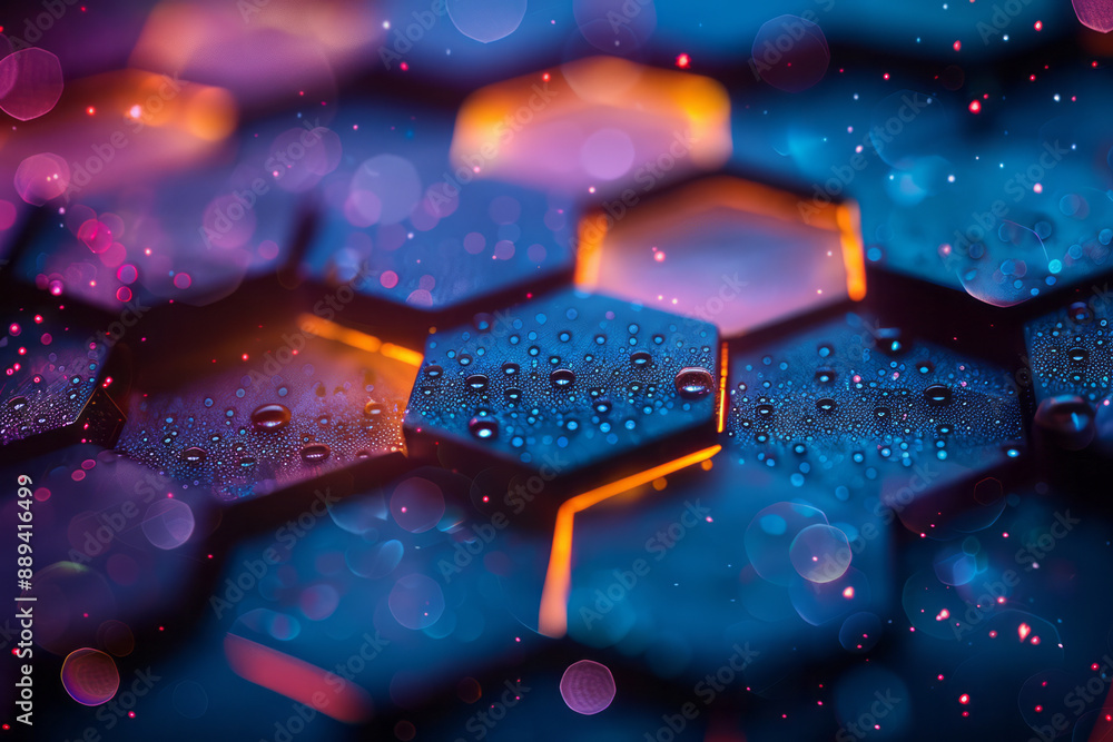 Poster an abstract pattern of illuminated hexagons with colorful bokeh effects, set against a dark blue bac
