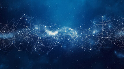 A digital representation of a network or web. It consists of interconnected nodes, represented by white dots, forming a complex mesh against a deep blue background