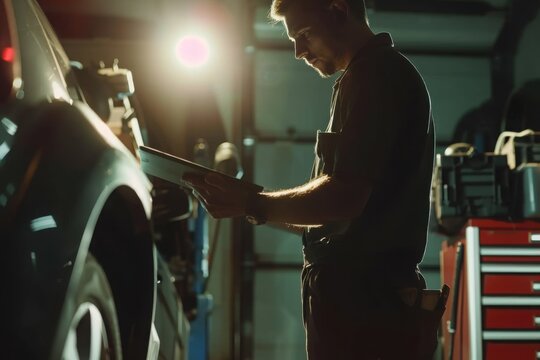 Mechanic Using Tablet for Car Diagnostics
