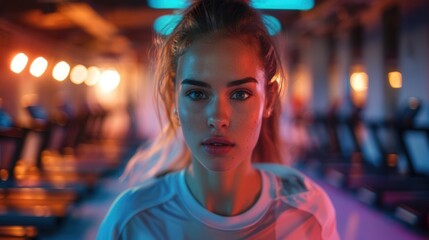 Healthy woman working out at gym running on treadmill focused determined expression vibrant lighting