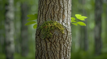 Obraz premium Tree trunk texture with moss and lichen, great for depicting forest ecosystems and woodland environments. Illustrater Image, Shiny, bright, beautiful , Minimalism,