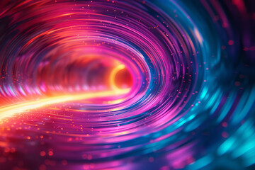 Obraz premium Minimalist image of neon light trails in green, purple, and blue, creating a vortex effect against a dark background,